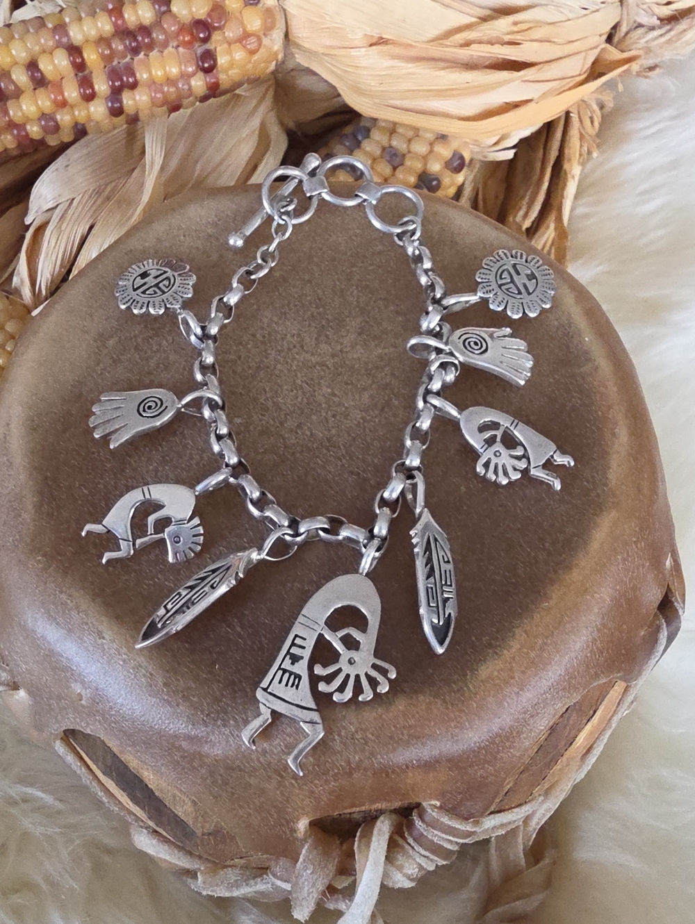 Amazing Native American Hopi Sterling Charm Bracelet By Elgin Tom 🩶🪈🪶🖐🎁♥️